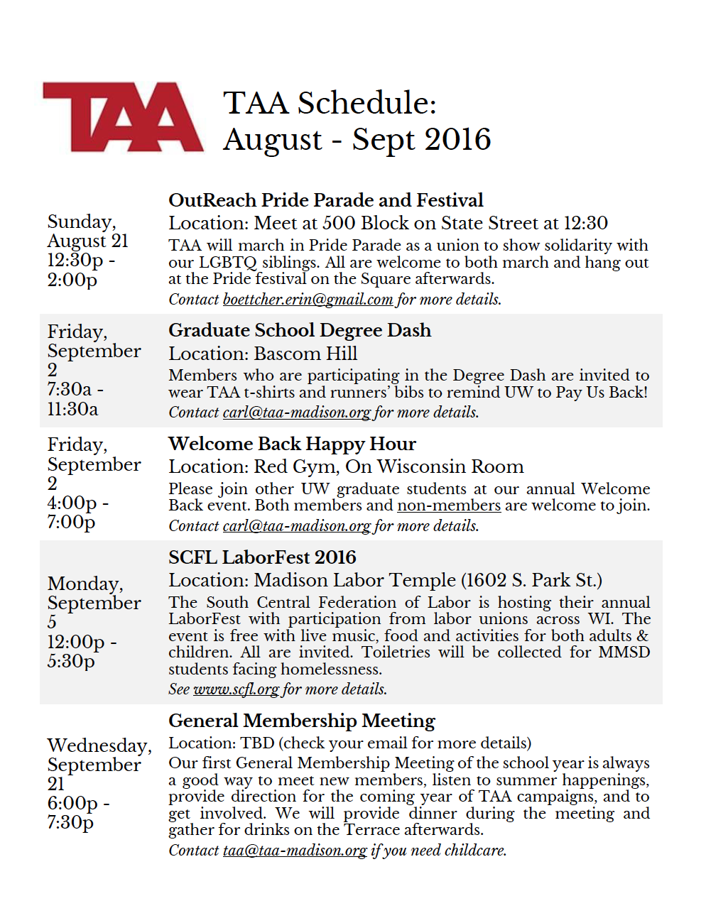 TAA August–September Events