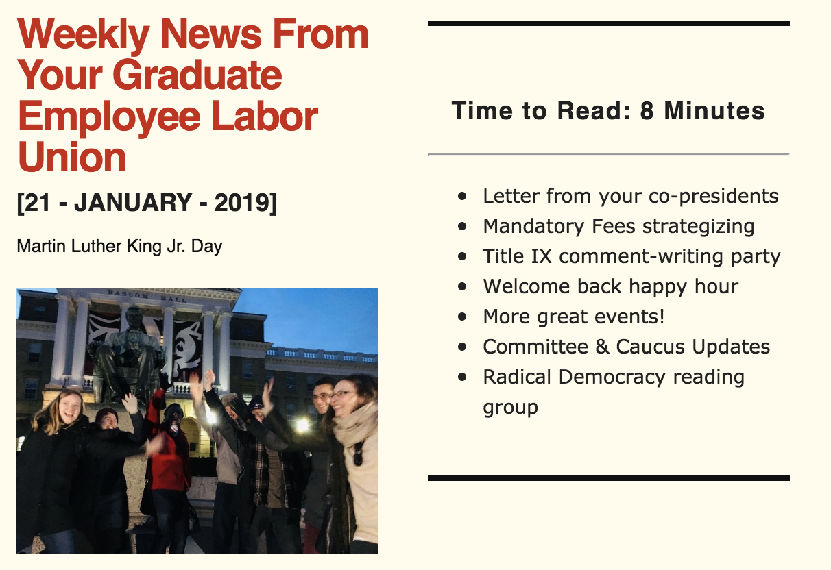 January 21, 2019 General Membership Email: Welcome Back! TAA Happy Hour, Updates On Mandatory Fees, And More!