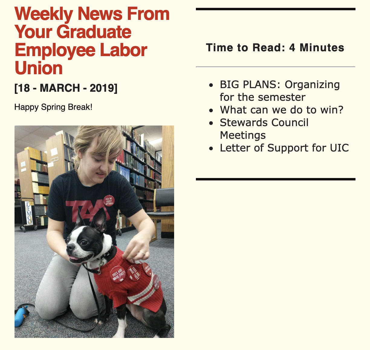 March 18 General Membership Email: Spring break activism – let’s organize to win! Plus Stewards’ Council Meetings, mayoral canvassing, and letter of support for UIC