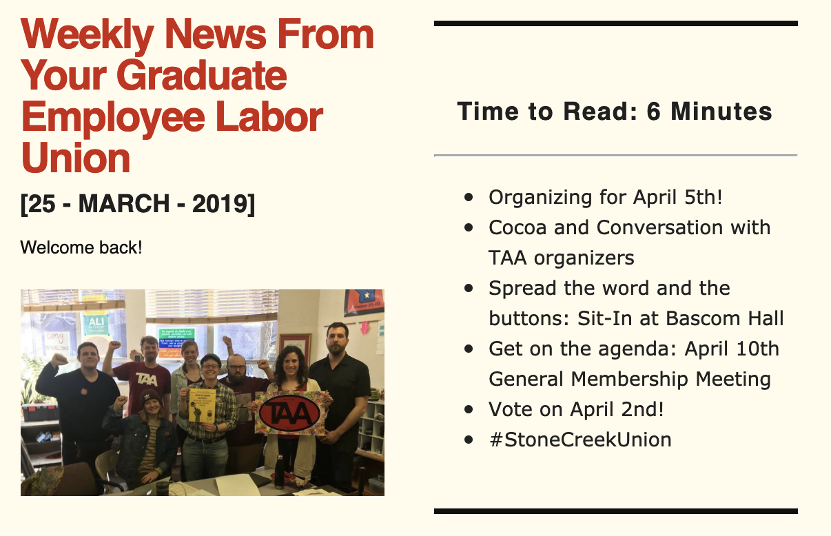 March 25 General Membership Email: Organizing for fee relief, Sit-In at Bascom Hall, early voting, and #StoneCreekUnion