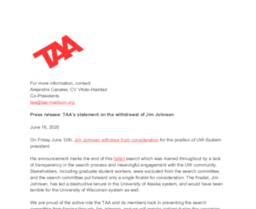 TAA’s statement on the withdrawal of Jim Johnsen