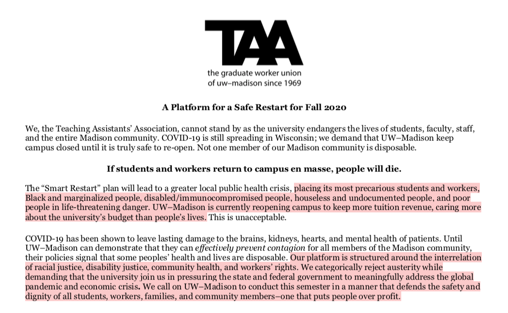 An image of the first three paragraphs of the TAA platform for a Safe Restart