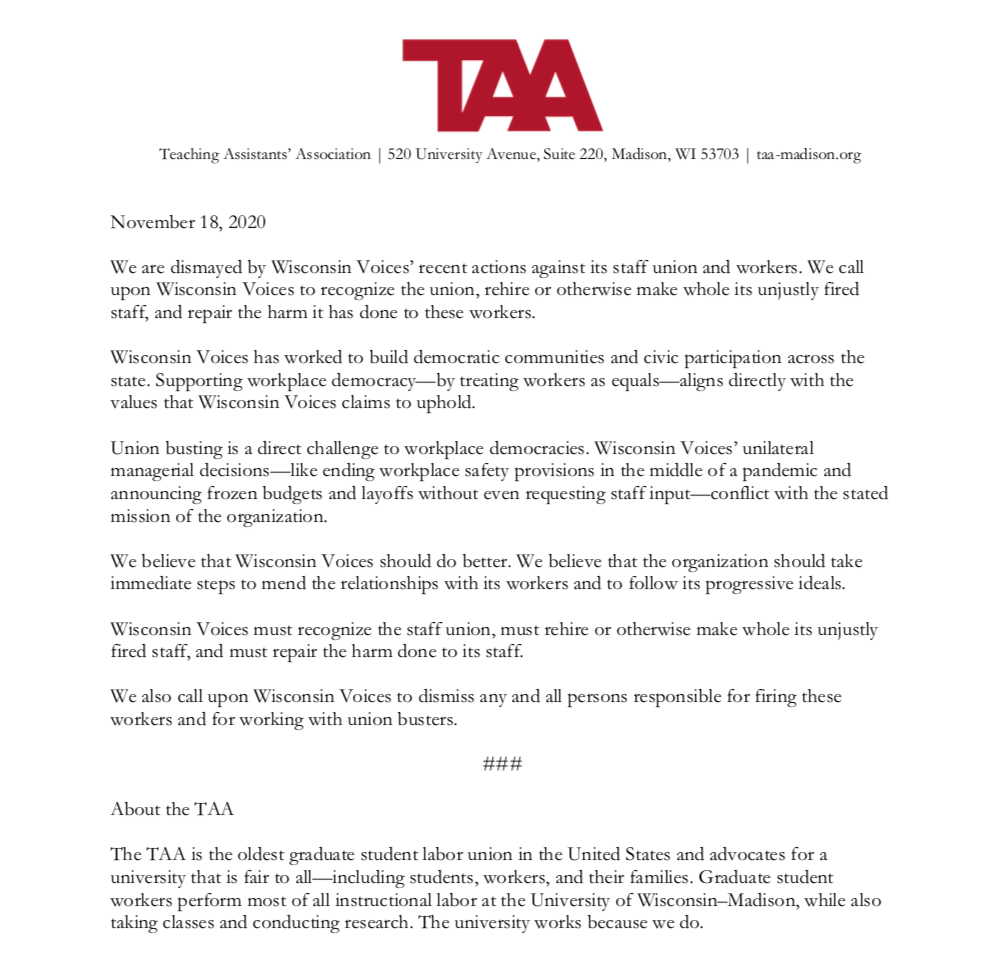 TAA Passes Resolution Supporting Wisconsin Voices’ Workers