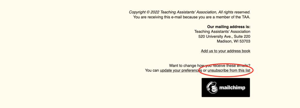 MailChimp footer with "Unsubscribe" option circled in red.